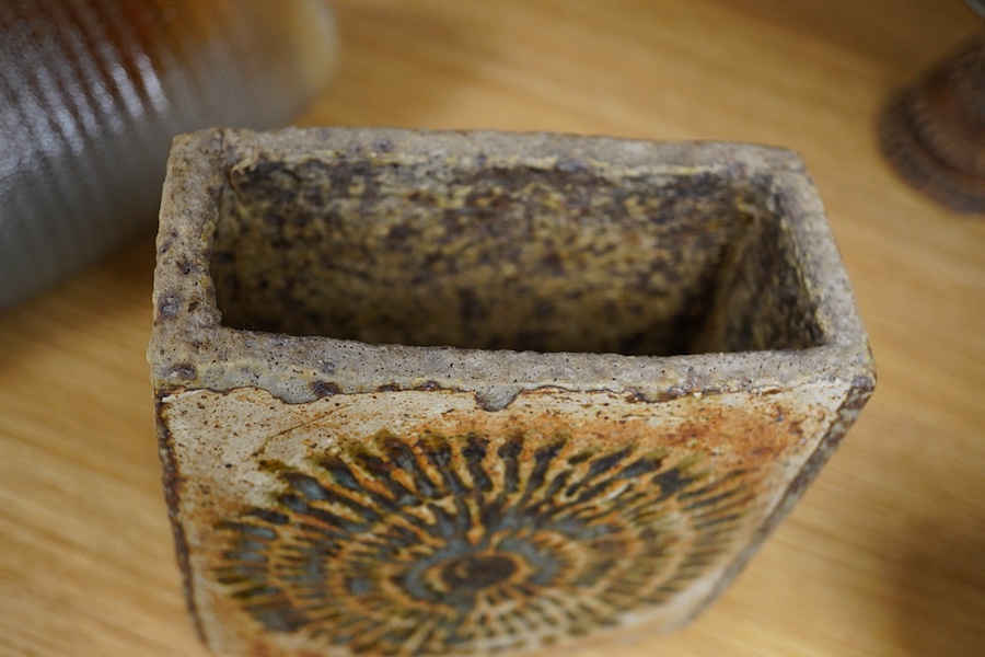 Alan Wallwork (1931-2012), textured studio pottery slab built vase, incised ‘W’ to the base, 16cm high